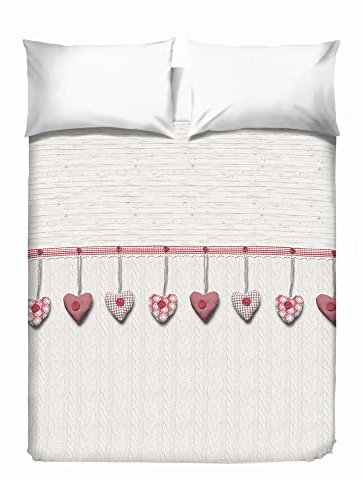 PENSIERI DELICATI Tagesdecke 260 x 280 cm, Einzeltuch 100% Baumwolle Pique, Ideal Zum Thema Wohnen, Decke Salva Bett Einzelne, Fantasie Hängendes Herz Rot, 100% Made in Italy
