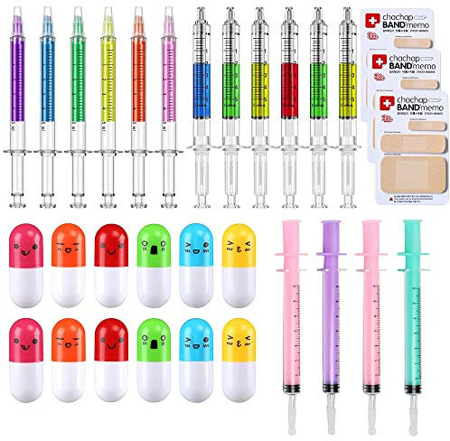 Gobesty 31 Stücksüße Schulmaterial Set, 4 Spritze Kugelschreiber, 12 Spritze Textmarker, 12 Mini Kapsel Stifte Pillen, 3 Bandage HaftnotizenSchreibwaren Für Krankenschwester Für Schule, Büro