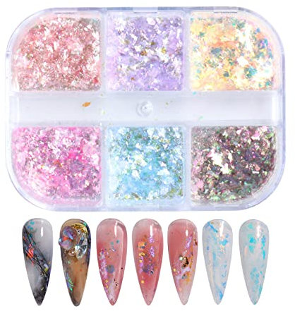 Opal Nail Glitter,1 Box 6 Grids Aurora Transparent Colorful Nail Glitter Sequins,Holographic Glitter Chrome Powder for DIY Nail Art Design Decoration(6 Grids Opal Powder)
