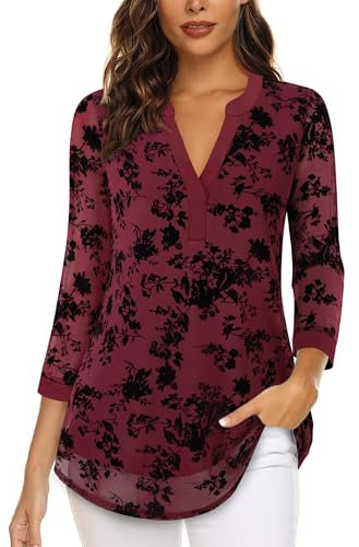 Vafoly Dressy Tunika Blusen für Frauen Festliche Oberteile Modern Damen Bluse 3/4 arm Elegant V-Ausschnitt Women Business Casual Tunika Top Frühling Sommer Beflockte Dunkelrot L