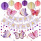 Lsoar Geburtstagsdeko, Lila Happy Birthday Banner mit Wabenball, Schmetterlinge Hängende Wirbel Streamer, Kreis Punkt Girlande Dekoration, Geburtstag Party Dekoration für Frauen Mädchen