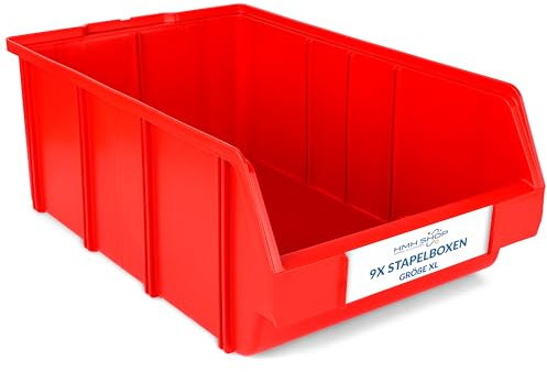 HMH Stapelboxen der Größe XL 489x304x185mm für dein Kleinteilelager, Sortierkisten in 5 Farben, Zubehör wie Deckel Trennsteg Beschriftungsfach Etikett Wandschiene Sichtkästen (Rot, 9 Stück)