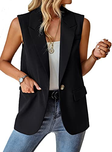 ALSOGO Blazer Damen Ärmellos Weste Sportlich Elegant Einfarbig Blazer Jacke Mantel Geschäft Büro Anzugjacke Revers Offene Vorderseite Freizeit Business Jacke mit Tasche