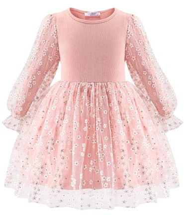 Arshiner Filles Robes Tulle Franges Robe à Manches Longues Enfants Élégante Loisir de Fête Automne Hiver Robes pour Fille 2-3 Ans Rose Clair
