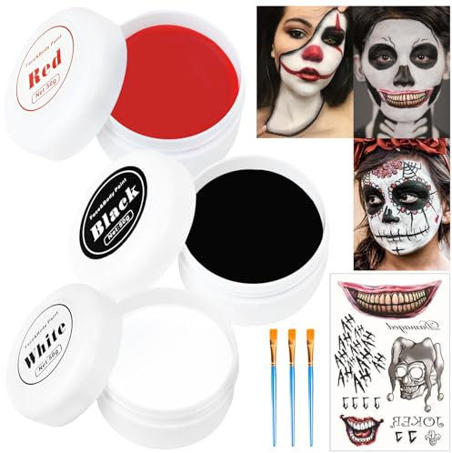 Halloween Clown Makeup Schwarz Weiß Rot Creme Gesicht Körperfarbe, Gesichtsfarbe + Schminkpinsel+Gruselig Tattoos, Zombie Vampire Skelett SFX Makeup Ölbasierte Malerei für Erwachsene