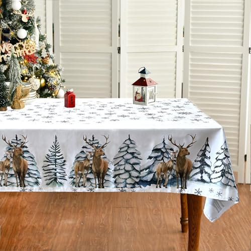 Tucwurl Weihnachtstischdecke, Weihnachten Tischtuch Weiß Abwaschbar Weihnachten Tischdecke, Groß Christmas Tischdecken mit Elch Bäume Schneeflocke, Küche Dekoration Party Dekor, 130 x 220 cm
