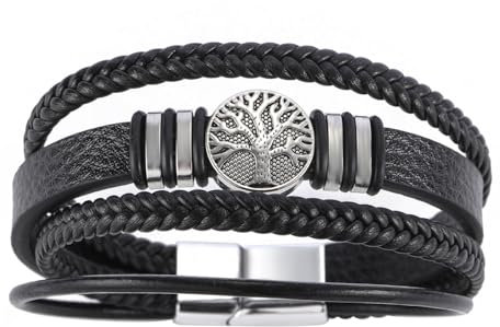 Dreamtimes Yggdrasil Welt Baum des Lebens Armband Herren Lederarmband Mehrschichtige geflochtene religiöse Herren Manschette Armbänder Legierung Wikinger Manschette Armreif für Frauen (Schwarz)