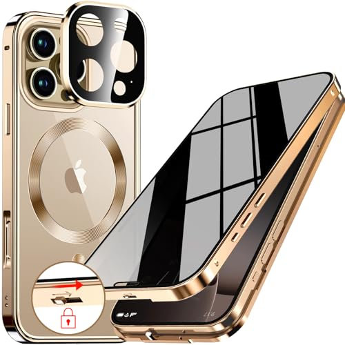[CD-Metallring & Sicherheitsschloss] Magnetische 360 Grad Ganzkörper Sichtschutzhülle für iPhone 16 Pro 6.3'[Integrierter Linsenschutz] Schutzhülle mit Integriertem 9H-Glasbildschirm, – Gold