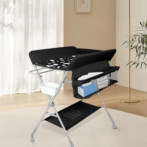 Baby Wickeltisch, Multifunktions-Wickelkommode, Babypflegetisch, Mobiler Wickeltisch mit Ablagefächern und Sicherheitsgurt (80 * 58 * 90cm schwarz)