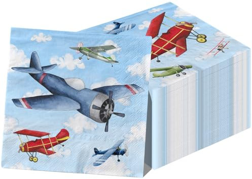 Kotkiddy 20 Stück Flugzeug Party Dekorationen Flugzeug Party Servietten Zubehör Hubschrauber Blauer Himmel Weißes Thema Einweg Papier Servietten