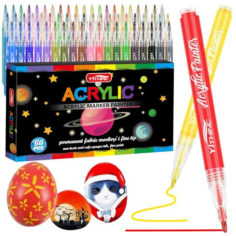 YITHINC Acrylic Paint Pens, Art Marker Pen Set for Rock Painting Stone Ceramic Metal Paper Glass Canvas Fabric Wood Pebble Porcelain, Acrylic Markers for Kids Adults(60 Colors)