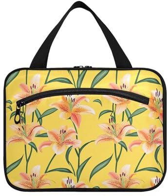 Nature Lily Flower Yellow Hanging Toilettes Bag Travel Bag Women with Hook Designer Cute Bag with Compartments for Ladies Travel Bolso de Maquaje Para Mujer M, Nature Fleur de lys Jaune, Medium