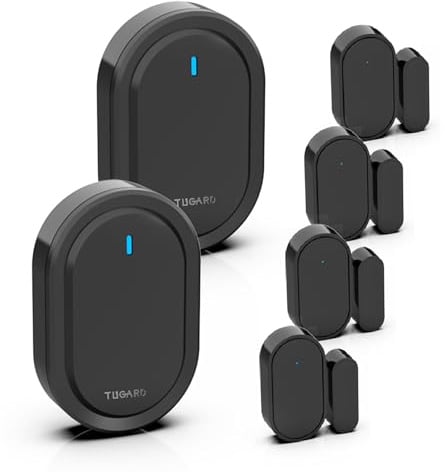 Détecteur de Sonnette sans Fil pour Portes et Fenêtres,39 Sonneries,2 Sonnettes d'Alarme 4 Paires de Détecteurs de Porte,Système d'Alarme pour la Sécurité de la Maison,Noir