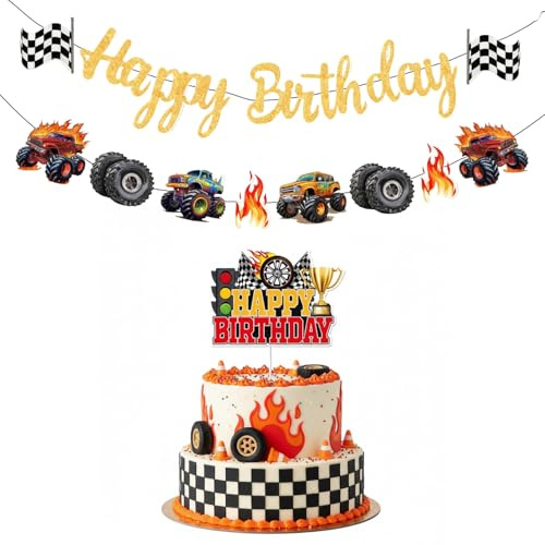 Monstertruck Geburtstag Deko Monster Truck Geburtstag Banner mit Tortenaufsatz für Geburtstagsparty-Zubehör