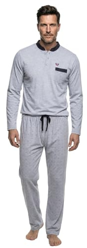 Henry Terre Herren Pyjama Bruno Langarm Schlafanzug Größe M-3XL Unifarben mit abgesetzter Brusttasche und passender Hose Oberteil mit Stehkragen