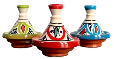 Lot de 3 mini tajines marocaines colorées en céramique artisanale – Porte épices de table H 8,5 cm Ø 7,5 cm, idéal pour cuisine, apéritifs et mise en place orientale ABC
