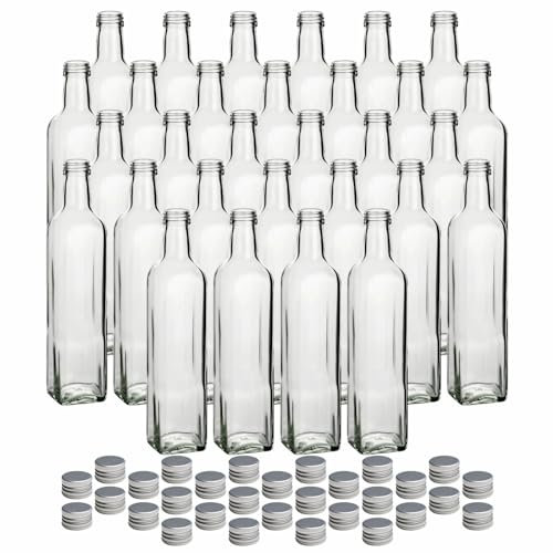 gouveo 30er Set Glasflasche 500 ml Maraska mit Schraubverschluss silberfarben - Leere Flasche aus Glas mit Deckel zum Befüllen - Likörflasche, Ölflasche, Essigflasche (MFET500S)