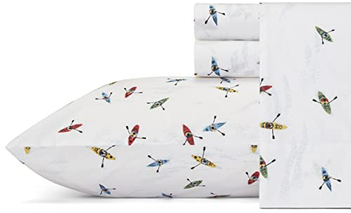 Eddie Bauer - Twin Sheet Set, Cotton Percale Bed Sheets, Crisp & Cool Home Decor, Dorm Room Essentials (Kayaks White, Twin)
