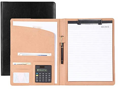 A4 Conference Folder Clipboard Folder Leather Presentation Portfolio Writing Pad Documents Holder Organiser with Ring Binder A4 Notepads Calculator Pen Insert Pockets for Business Cards Bills Storage