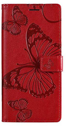 HAOYE Hülle für LG K41S / LG K51S, Geprägt Schmetterling Muster Leder Brieftasche Flip Handyhülle, Kartenfach und Magnet Kartenfach Schutzhülle für LG K41S / LG K51S, Rot