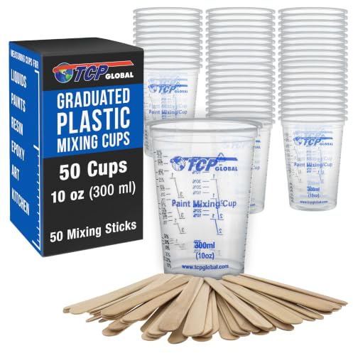 TCP Global 10 Ounce (300ml) Disposable Flexible Clear Graduated Plastic Mixing Cups - Box of 50 Cups & 50 Mixing Sticks - Use for Paint, Resin, Epoxy, Art, Kitchen - Measuring Ratios 2-1, 3-1, 4-1, ML