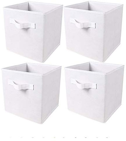 BonChoice Pack of 4 Foldable Storage Cubes Boxes with Handle for Home Organization, Fabric Wardrobe Storage Box Organizer Basket Bins for Clothes Beddings Toys Towels, Collapsible & Durable (White, 4)