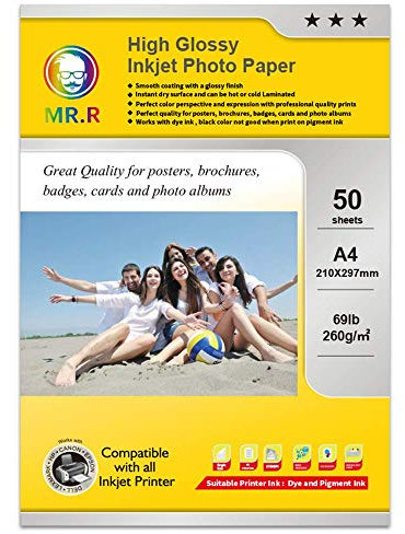 MR.R 260g/m² 50 Blatt A4 Format einseitig hochglänzendes Inkjet-Fotopapier tintenstrahldrucker glänzend foto paper Sofort Trocken Wasserfest Hochweiß fotoblätter