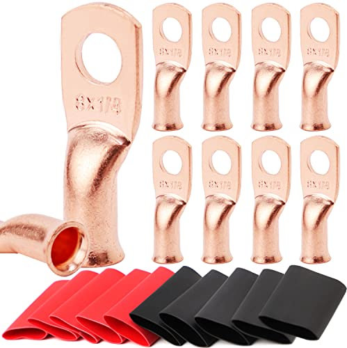 TKDMR 10pcs 8 AWG-1/4 Battery Lugs,Copper Wire Lugs,UL Listed Heavy Duty Battery Cable Ends,Tubular Ring Terminals,AWG Crimp Wire Ring Lugs,Battery Terminal Connectors with 3:1 Heat Shrink Tubing