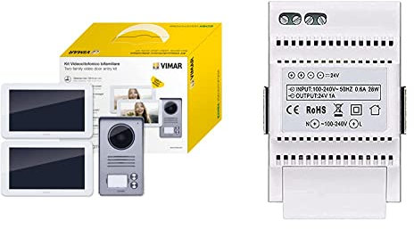 Vimar K40916 Kit Videocitofono 7 Touch Screen Bifamiliare con Alimentatore Multispina & 40103 Alimentatore per Videocitofono con Uscita 24 V, Alimentazione 100-240 V~ 50/60 Hz