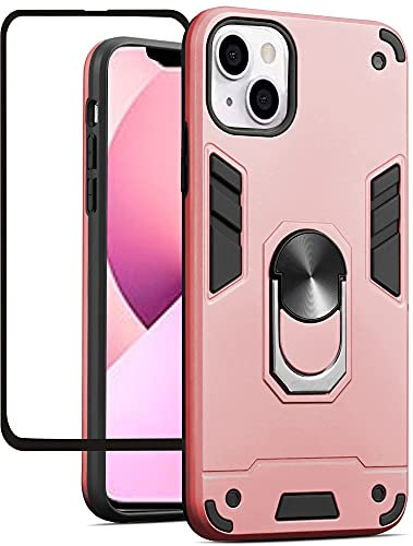 Folmecket iPhone 13 mini Case, With Screen Protector 360 Degree Rotating Metal Ring Shock Absorption Reinforced Corner TPU for iPhone 13 mini Case 5.4 (iphone 13 mini Rose Gold)