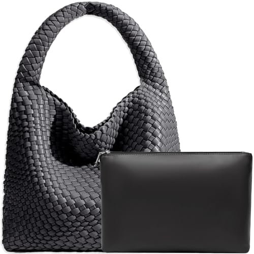 JINMANXUE Damen-Handtasche aus veganem Leder, handgewebt, modische Schultertasche, Top-Griff, Unterarmtasche mit Geldbörse, GRAU, Large