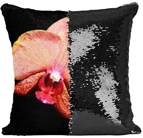 Cuscino con fodera in paillettes, motivo glitter nero fiore di orchidea rosso bianco e leggermente giallo pulsante verde su sfondo nero natura esotica