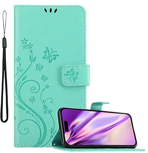 Cadorabo Hülle kompatibel mit Apple iPhone 14 PRO Blumen Design aus Kunst Leder Flip Klappbare Stoßfeste Magnetische [Standfunktion] [Kartenfächern] Cover Hülle für iPhone 14 PRO Tasche in Türkis