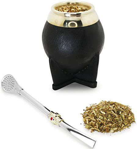 Qumir - Mate Torpedo Argentino Uruguayo de Calabaza - Cuero cosido con hilo encerado - Bombilla de Acero Inoxidable incluida (Negro)