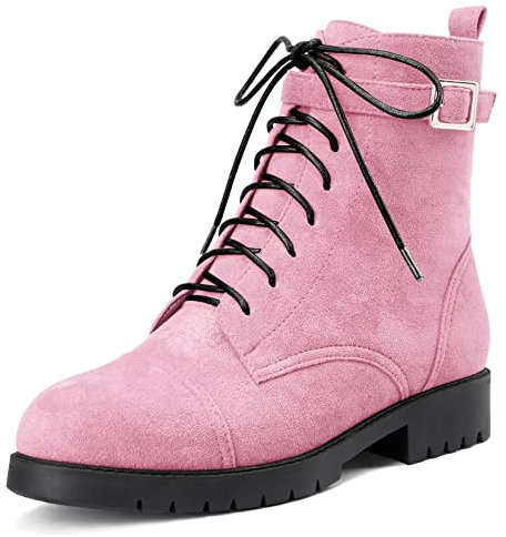 NobleOnly Donna Chunky Blocco Basso Gattini Tacco Heel Rotonda Punta Stivaletti Lacci Cerniera Classico Scarpe Rosa 37 EU