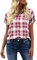 GeGekoko Camicetta da donna a quadri, a maniche corte, casual, con scollo a V, con bottoni, Colore: rosa., XL