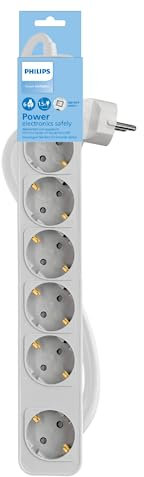 Philips Regletas CHP2164W - Regleta de 6 Enchufes, Cable de 1.5 Metros, Interruptor Principal, Cierre de Seguridad Automático, Indicador LED de Alimentación - Color Blanco