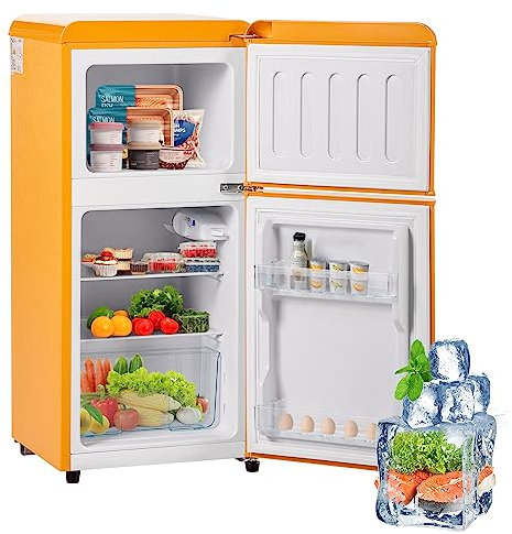 kubeier Mini frigorifico, Mini Nevera con congelador, Nevera Bebidas silenciosas 60L, Mini Nevera -27°C ∽ 13°C, Volumen del congelador de 22 litros, Clase energética F, luz LED,Yellow