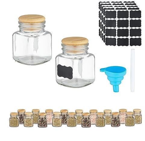 Relaxdays Salière & poivrière, Lot de 20, rectangulaire, 100 ML, 48 étiquettes, marqueur, Entonnoir, Transparent/Nature