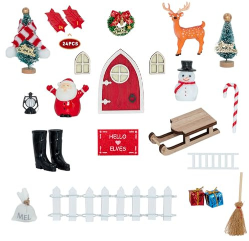 EDWINENE Wichteltür Zubehör Weihnachten Set, Nissedor Miniatur Weihnachtswichtel Tür, Holz Wichtel Tür Deko für Weihnachten (18)