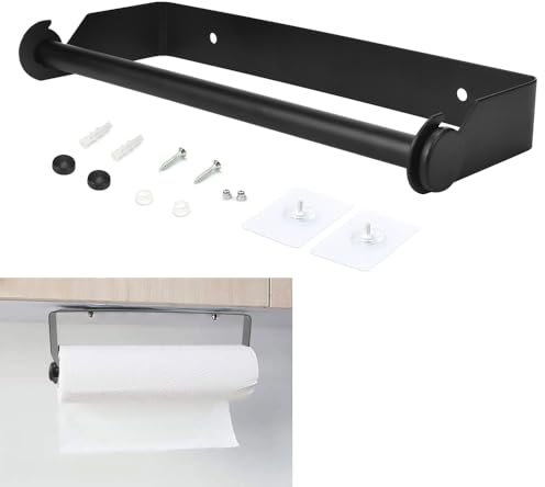 KARBAG Self Adhesive Kitchen Paper Towel Holder, No Drilling Paper Towel Roll Holder Under Cabinet Wall Mounted Towel Roll Hanger Kitchen Roll Holder for Home Kitchen(304 Stainless Steel Black)