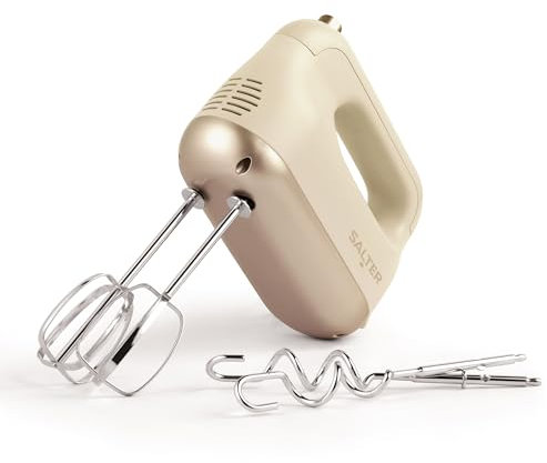 Salter EK5512SBOVDE Mezclador de mano para hornear eléctrico - 5 velocidades, función para facilitar la limpieza, incluye 2 batidores, 2 ganchos para masa y un batidor de globo, 250W de potencia