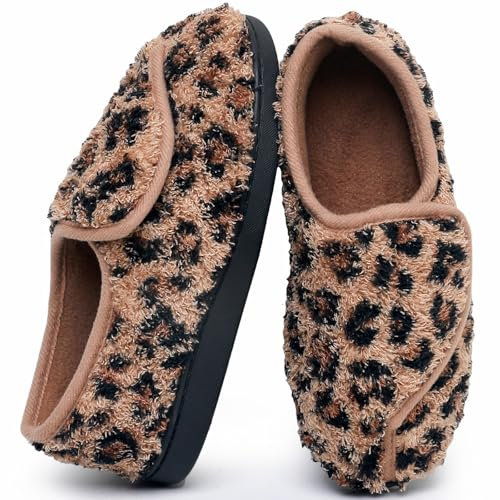 Git-up Pantoufles Diabétiques en Mousse à Mémoire de Forme pour Femmes Arthrite Œdème Chaussons Confortables Réglables Bout Fermé, LeopardBrown 8