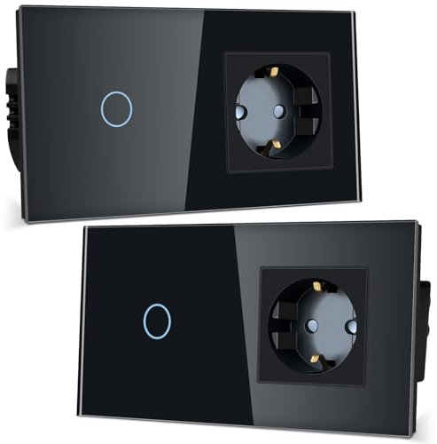 TAWOIA Lichtschalter mit Schuko Steckdosenkombination, Unterputz,16A Steckdose,157 x 86 mm Gehärtete Kristallplatte mit LED Hintergrundbeleuchtung 1 Fach 1 Weg Touch Schalter 1000W Schwarz 2er-Pack