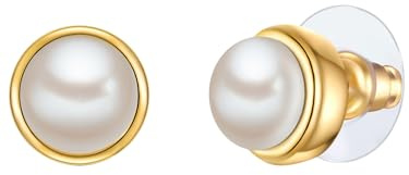 Yokoamii Damen Ohrringe aus Metall gelbvergoldet 14 Karat mit button Süßwasser-Zuchtperle ca. 8,0-8,5 mm Modeschmuckohrstecker