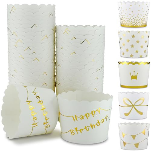 Frau WunderVoll® 25 Muffin Backformen weiß Gold (metallic) Happy Birthday Durchmesser 6,1 cm/goldene Muffins Muffinbackform Muffinform Form Backförmchen Cupcake Formen Förmchen Papier Cupcakeformen