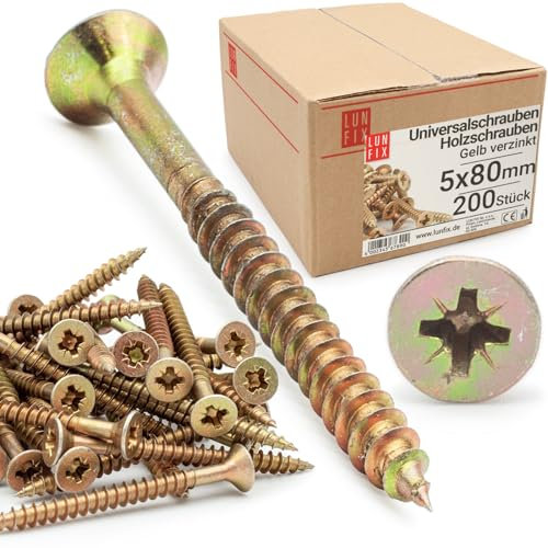 LUN FIX Universalschraube 5,0x80 mm - 200 Stück |Kreuzschlitz PZ2 | Senkkopf | Holzschrauben | GelbVerzinkt | Mehrzweckschrauben| Kreuzschlitzschrauben