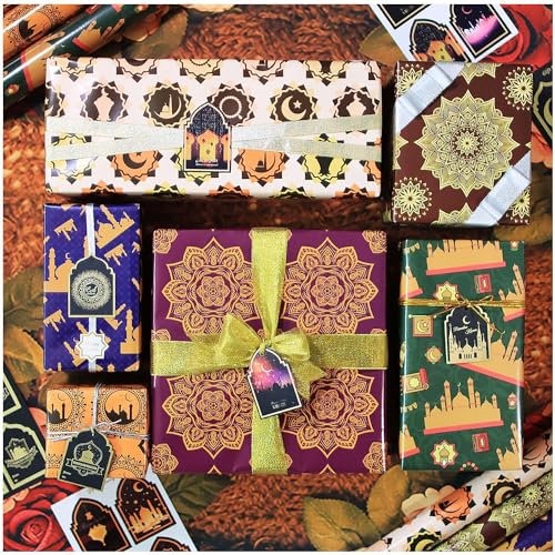 HaloCasa 9 Blatt Geschenkpapier für Eid Mubarak Ramadan mit Mond Stern Mustern, inklusive Geschenkanhänger Aufklebern im Ramadan Eid Al-Fitr Thema für Islamische und Muslimische Geschenkverpackungen