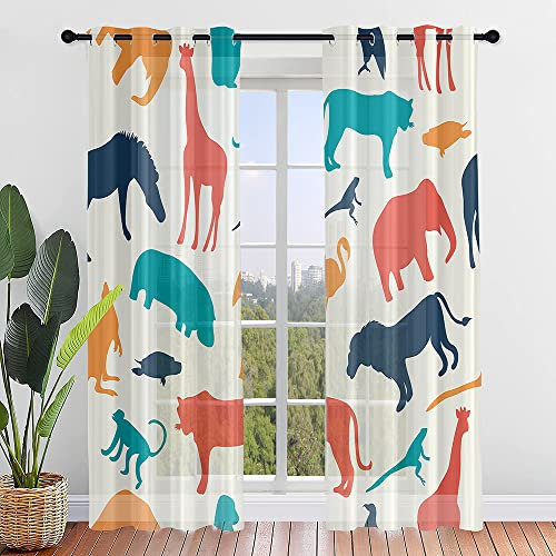 ENEN 2er Set Scheibengardinen, Modern Halbtransparent Bistrogardine, Schlaufengardinen Gardinen Küche, Türgardine für Kleine Fenster Küche Wohnzimmer Landhaus (132x182cm,Elefant)