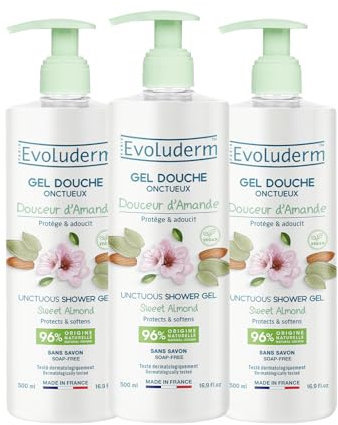 EVOLUDERM – Gel Douche Onctueux Douceur d'Amande - 500 ml - 95% d’Origine Naturelle - Végan - Fabrication Française - Lot de 3 x 500 ml